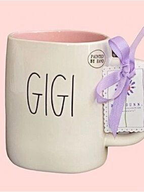 🆕- Rae Dunn- white ceramic "GIGI” artisan collection mug with a pink interior.